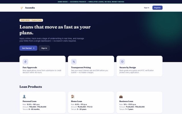 Ascendia Finance customer website showing loan products