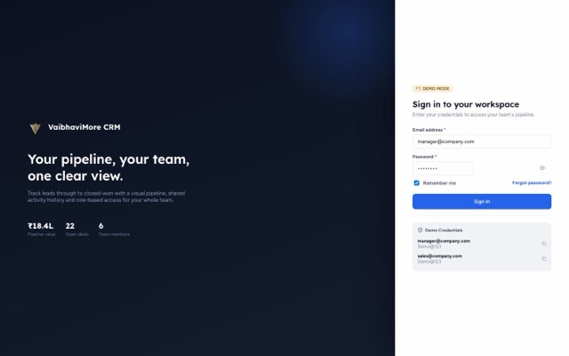 CRM workspace sign-in screen with pipeline summary