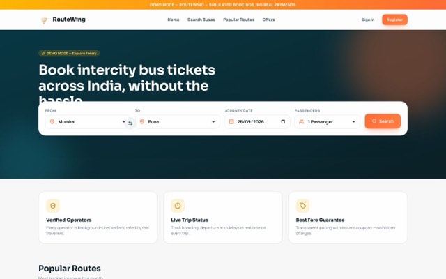 RouteWing customer website with intercity bus search form