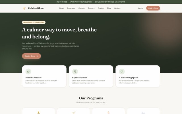 Wellness studio website for yoga and meditation classes